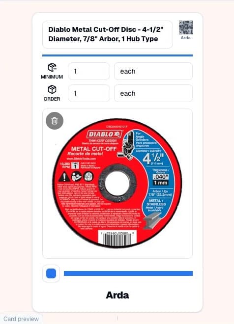 Arda item setup showing a cut-off disc, minimum quantity and order quantity.