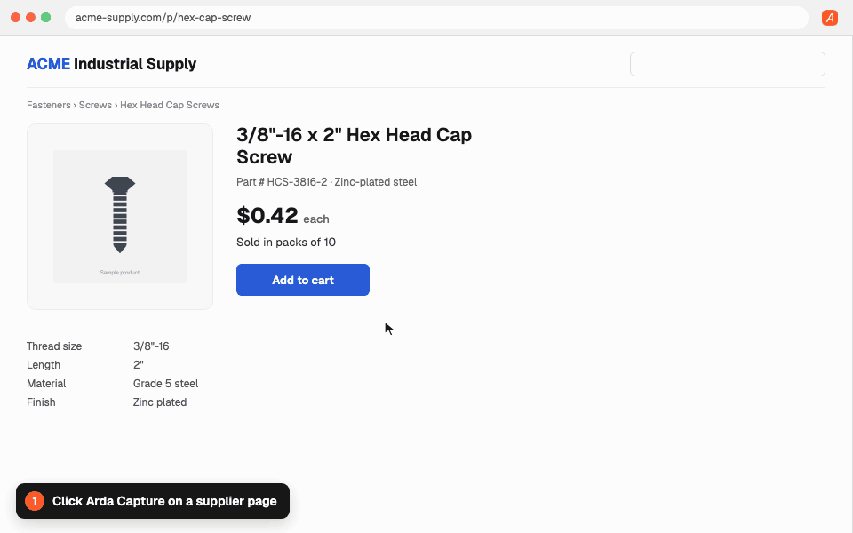 Arda Capture in use: click the extension on a supplier product page, the side panel reads the item, highlighting "Sold in packs of 10" and pressing M sets the minimum, and Open in Arda opens a pre-filled new item.