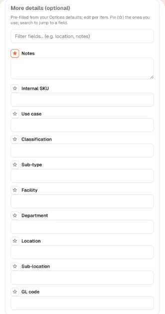Arda Capture optional fields panel with notes, internal SKU, facility, department, location and GL code.