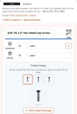Arda Capture side panel showing a hex head cap screw with its name, minimum and order quantities, and product photo options.