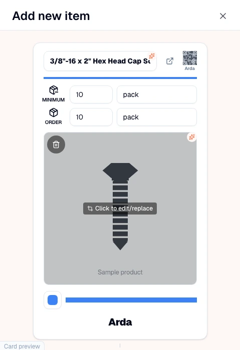 Arda new-item form pre-filled from a supplier page, with the item name, quantities and product photo on the card preview.