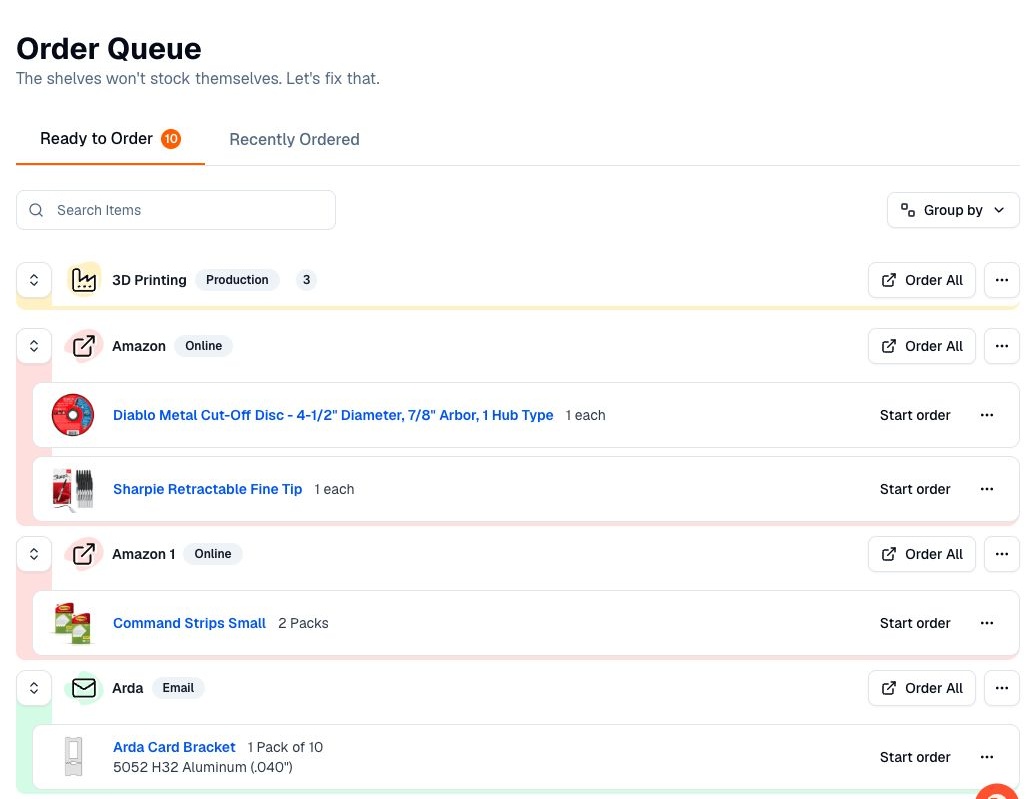Arda desktop Order Queue with requests grouped by supplier for purchasing to review.