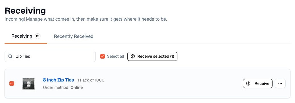 Incoming zip ties selected in Receiving with check-in controls.